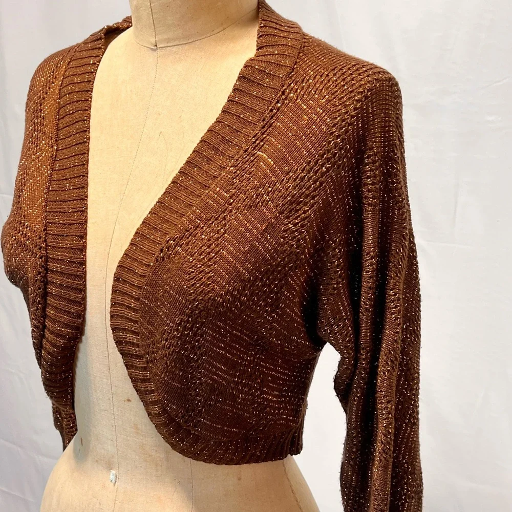 VINTAGE metallic gold bolero knit sweater cropped cardigan dolman sleeve 70s 80s - Picture 5 of 10